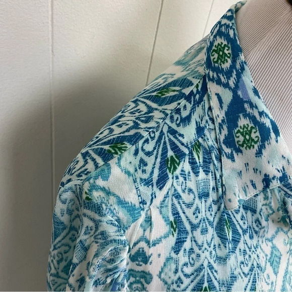 Miss June Paris Blue Green White Ikat Print Long Sleeve Embroidered Ruffle Dress - Picture 11 of 16